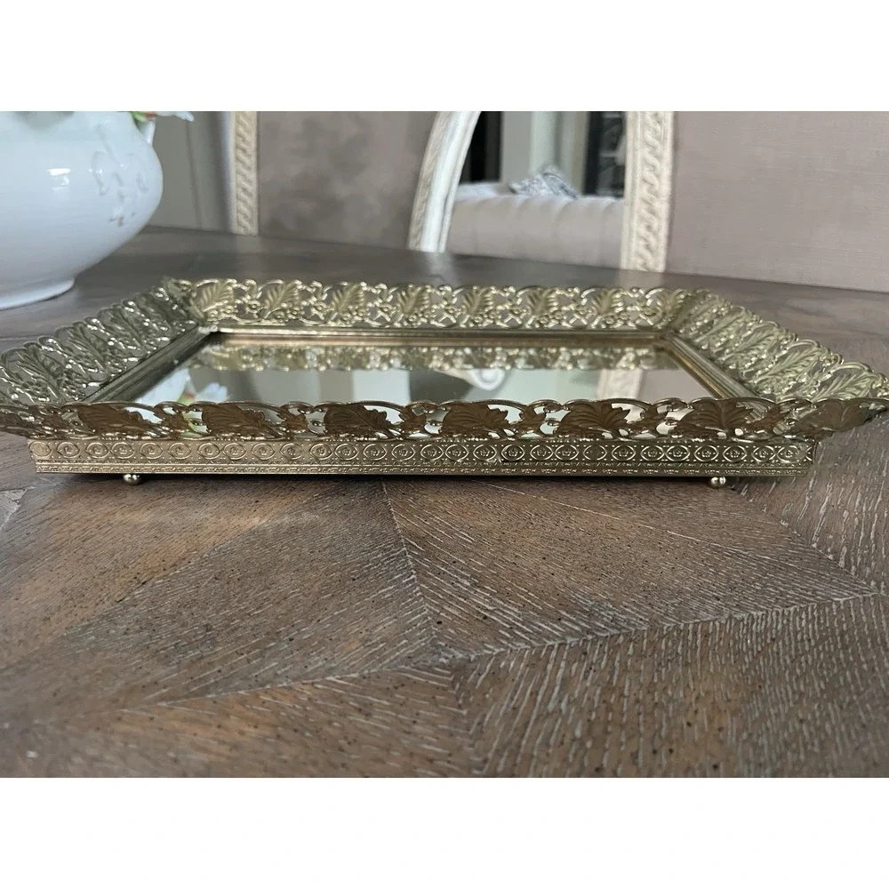 Vtg Mirrored Vanity Tray Gold Filigree Rectangle Hollywood Regency Dresser Decor